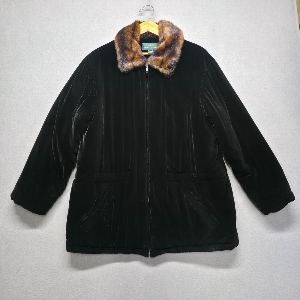 Lauren Ralph Lauren Women's Black Velvet with Faux Fur Collar Coat Size Large